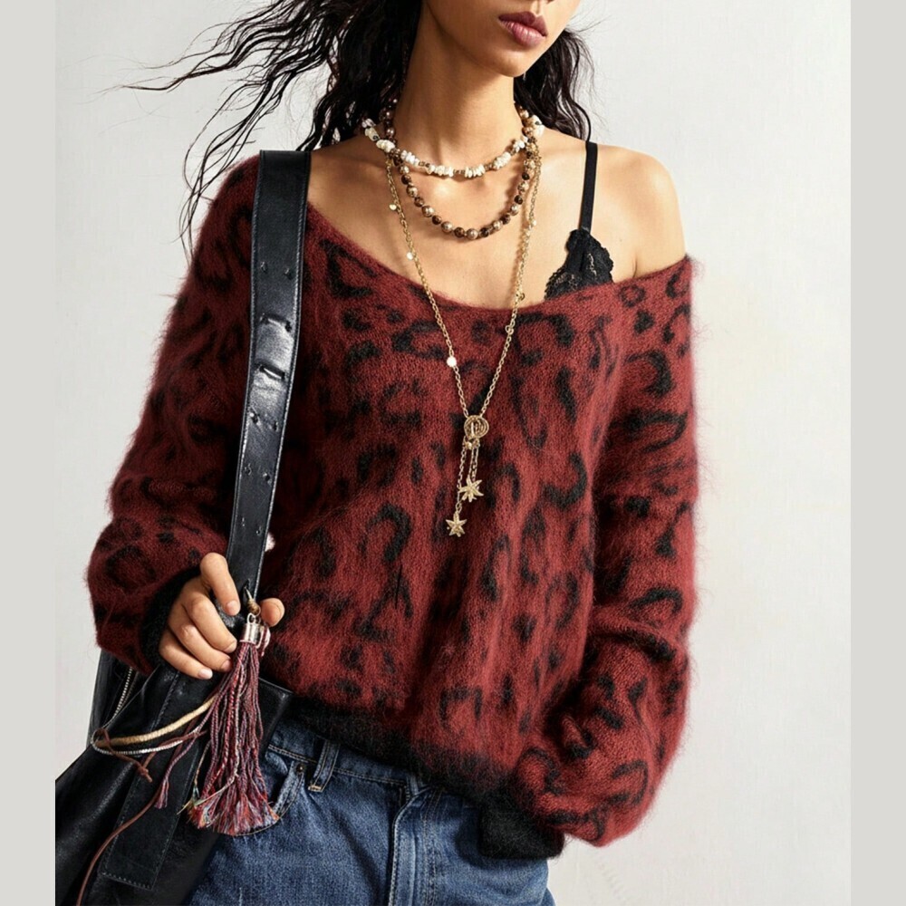 Burgundy / Black Leopard Print Fuzzy Knit Off Shoulder Sweater